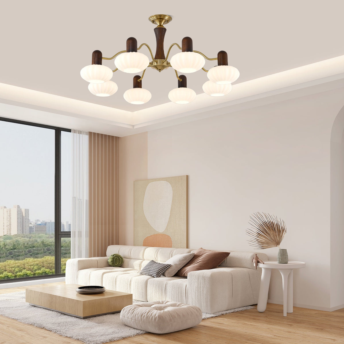 Walnut Embrace Chandelier – Mid-Century Modern Wood & Metal Pendant Light