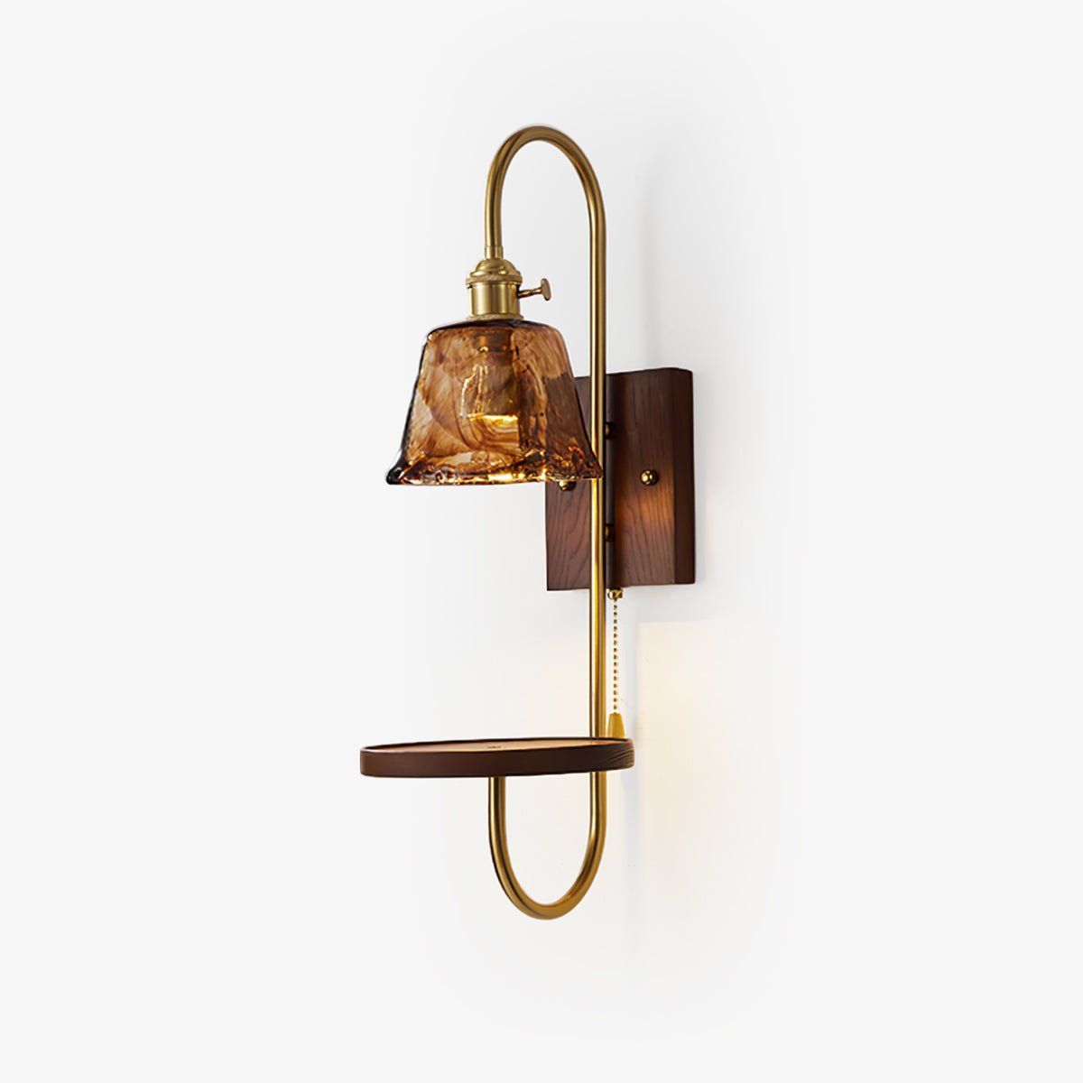 Walnut Shelf Wall Sconce with Brass Accent and Glass Shade
