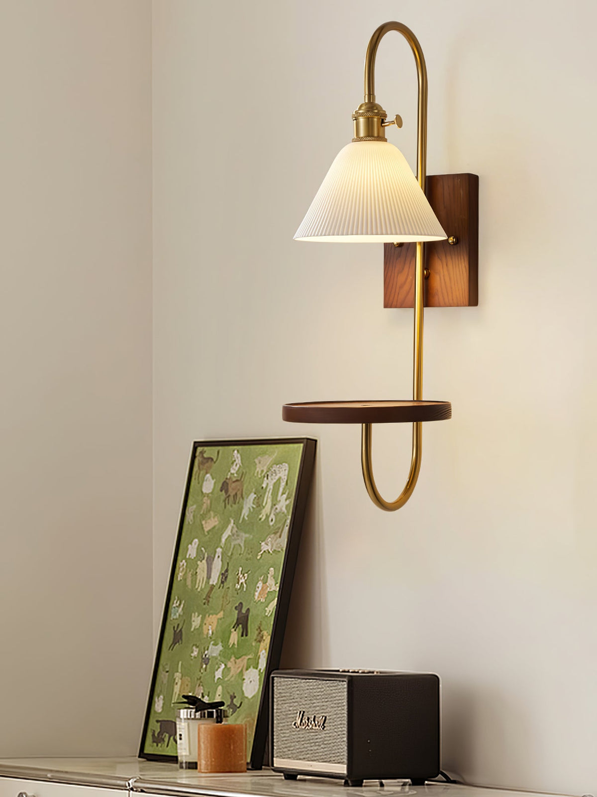 Walnut Shelf Wall Sconce with Brass Accent and Glass Shade