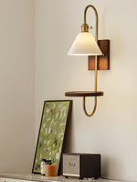 Walnut Shelf Wall Sconce with Brass Accent and Glass Shade