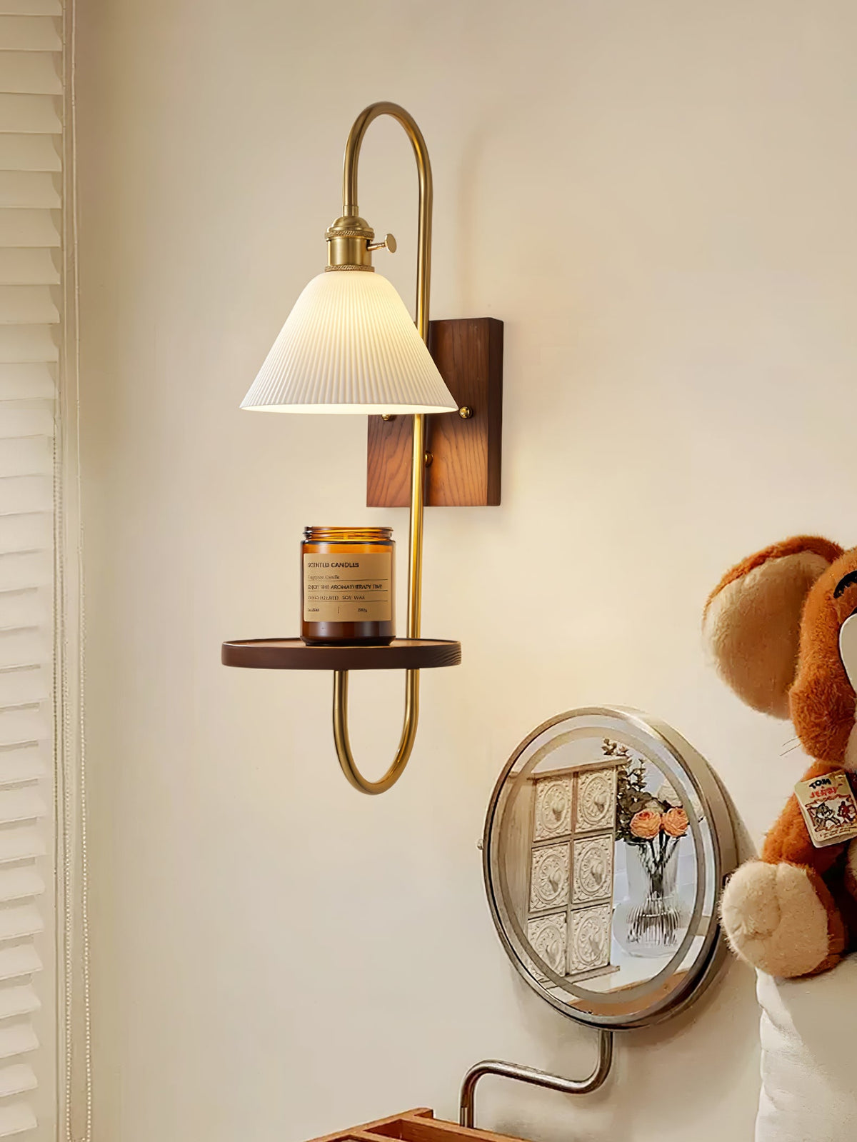 Walnut Shelf Wall Sconce with Brass Accent and Glass Shade