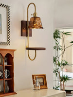 Walnut Shelf Wall Sconce with Brass Accent and Glass Shade
