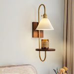 Walnut Shelf Wall Sconce with Brass Accent and Glass Shade