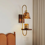 Walnut Shelf Wall Sconce with Brass Accent and Glass Shade
