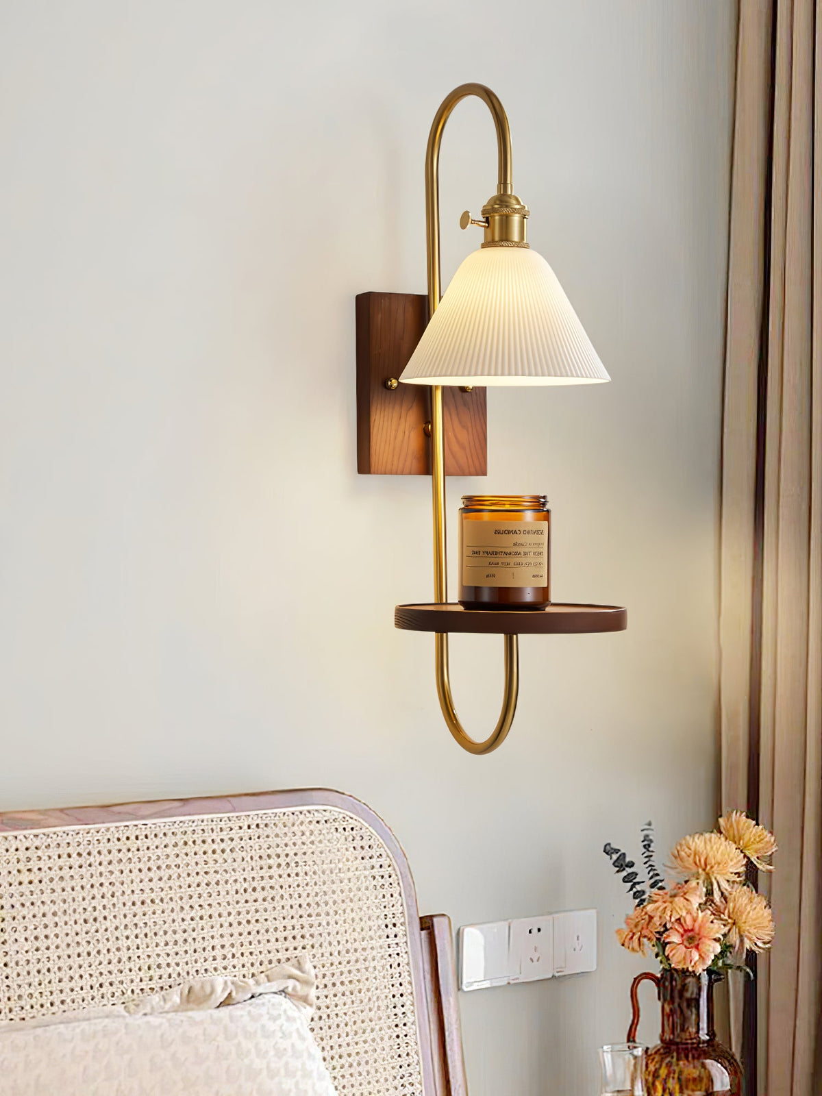 Walnut Shelf Wall Sconce with Brass Accent and Glass Shade
