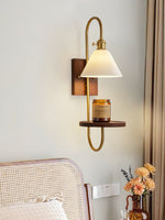 Walnut Shelf Wall Sconce with Brass Accent and Glass Shade