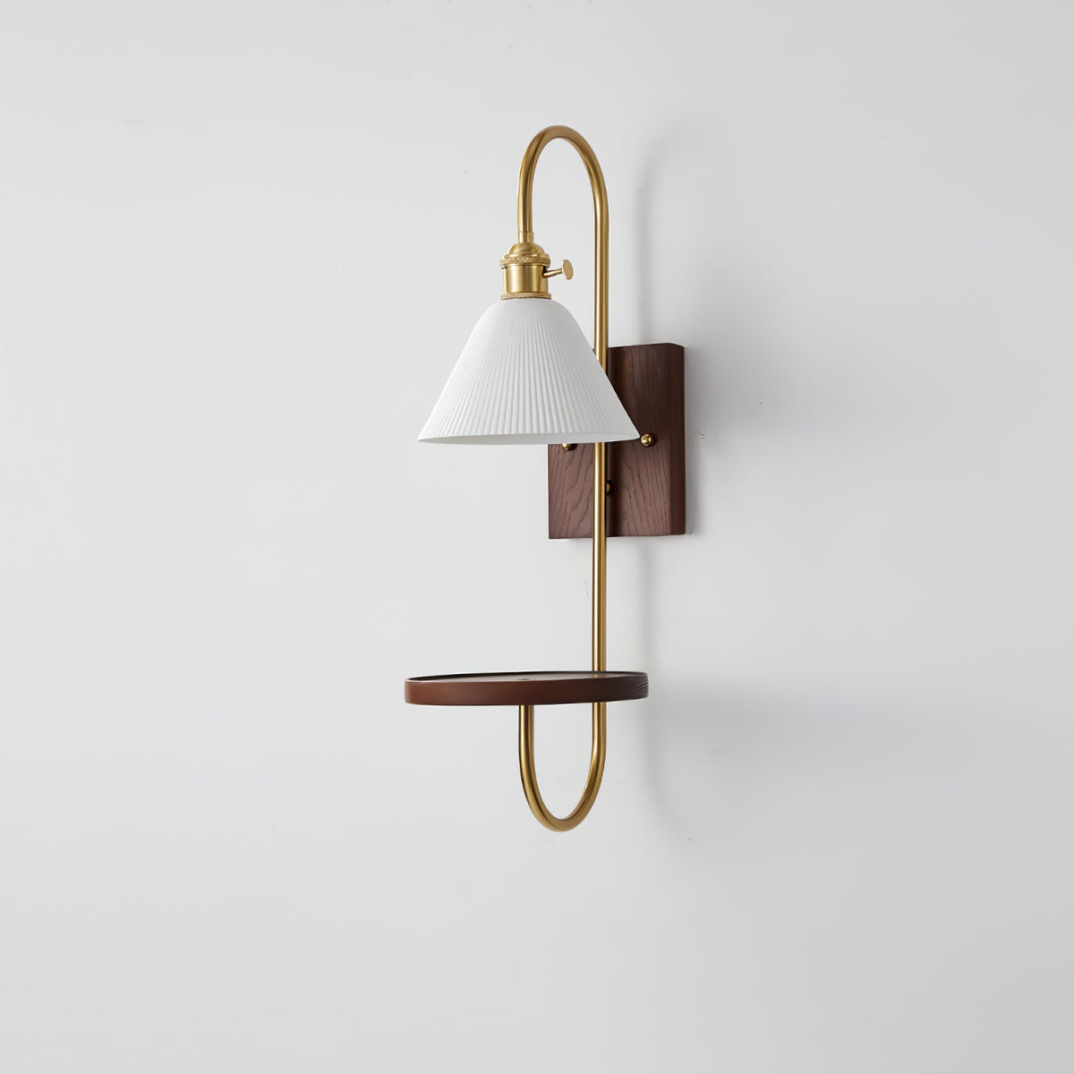 Walnut Shelf Wall Sconce with Brass Accent and Glass Shade