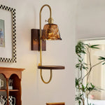 Walnut Shelf Wall Sconce with Brass Accent and Glass Shade