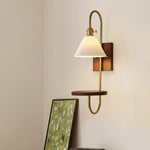 Walnut Shelf Wall Sconce with Brass Accent and Glass Shade