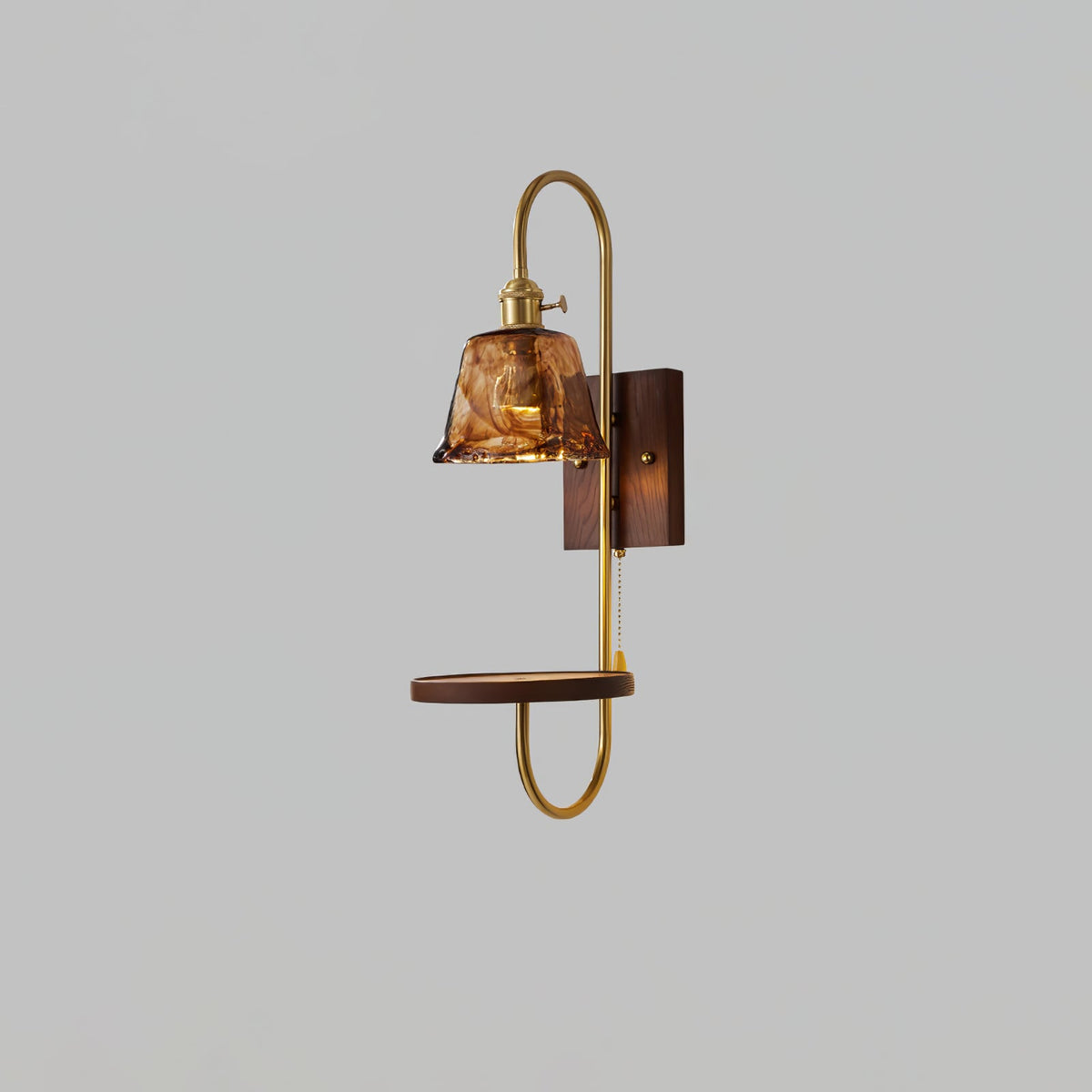 Walnut Shelf Wall Sconce with Brass Accent and Glass Shade