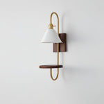 Walnut Shelf Wall Sconce with Brass Accent and Glass Shade