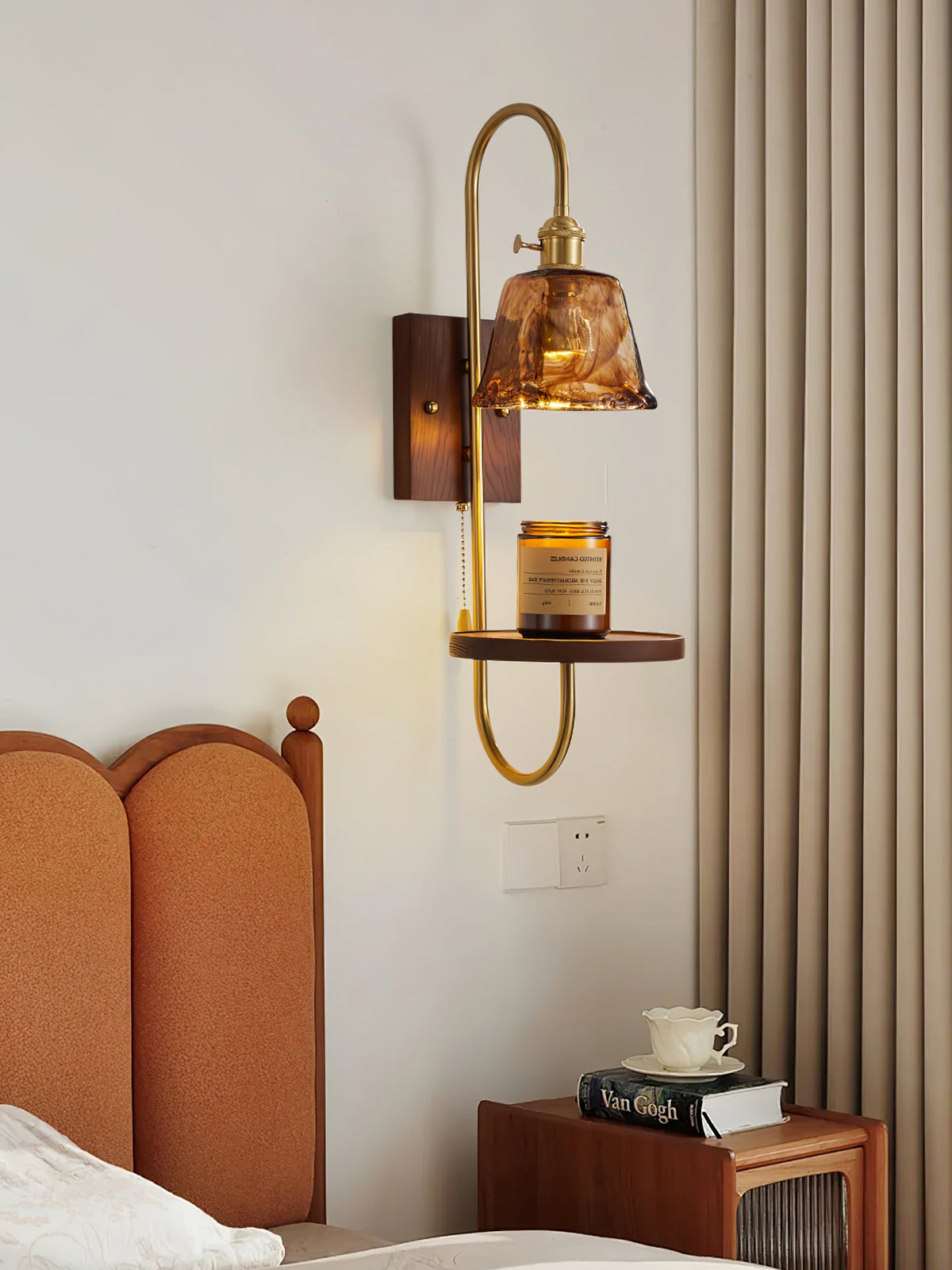 Walnut Shelf Wall Sconce with Brass Accent and Glass Shade