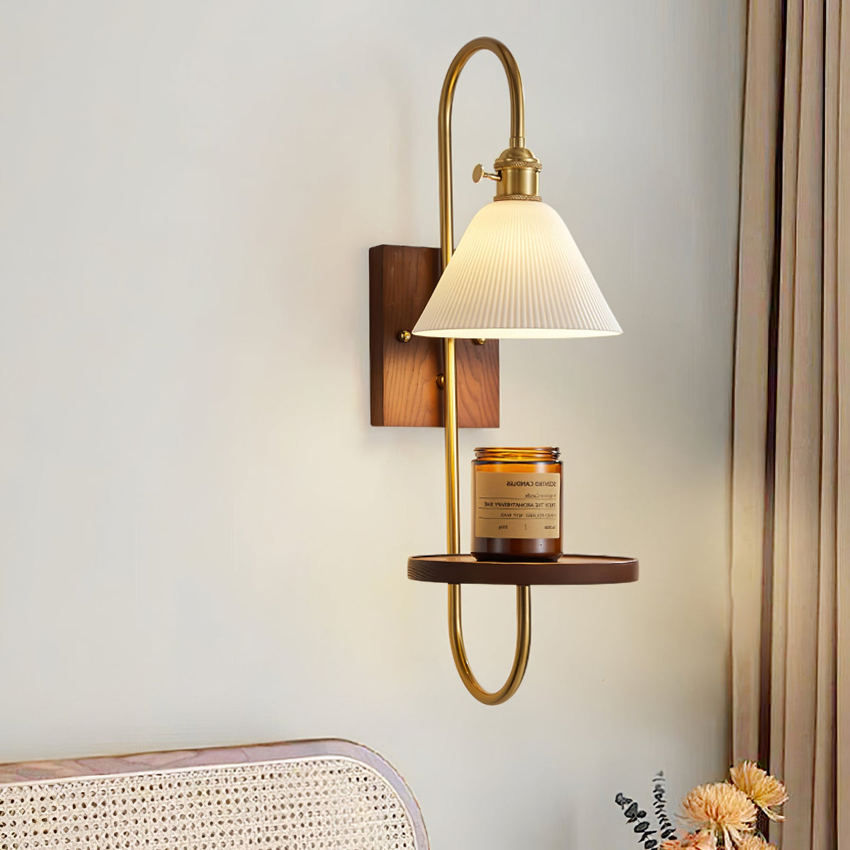 Walnut Shelf Wall Sconce with Brass Accent and Glass Shade