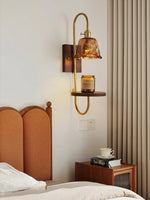 Walnut Shelf Wall Sconce with Brass Accent and Glass Shade