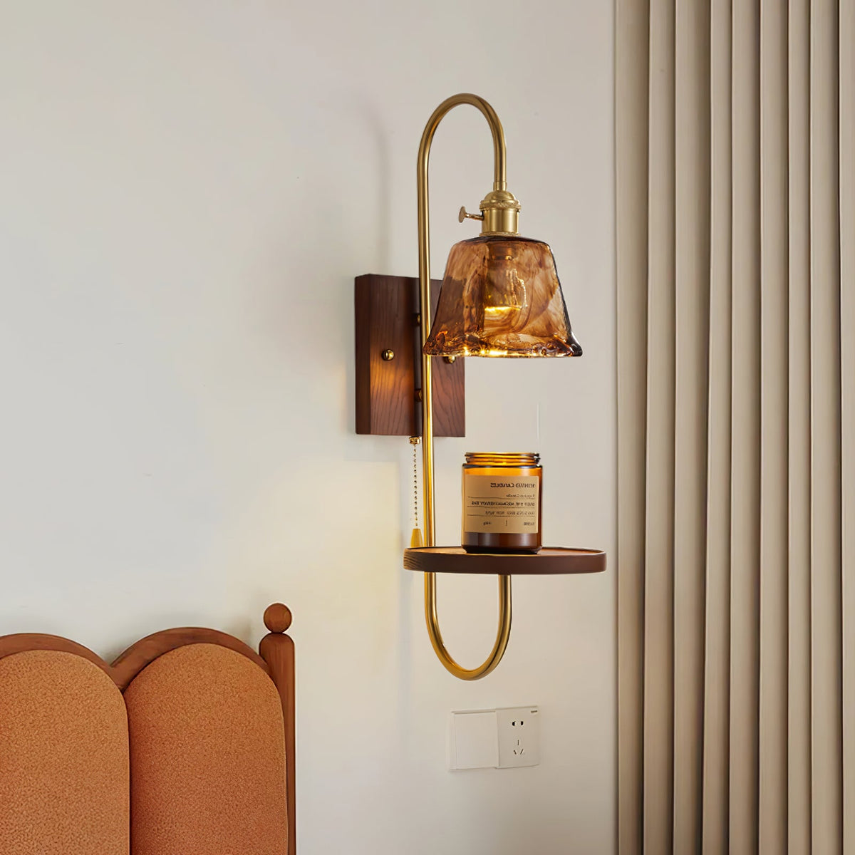 Walnut Shelf Wall Sconce with Brass Accent and Glass Shade