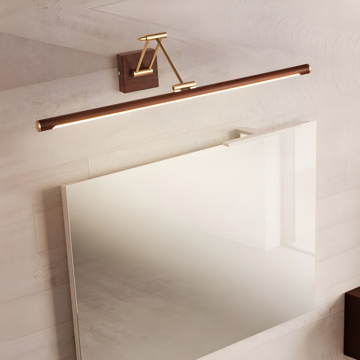 Walnut Linear Wall Sconce with Adjustable Brass Arm
