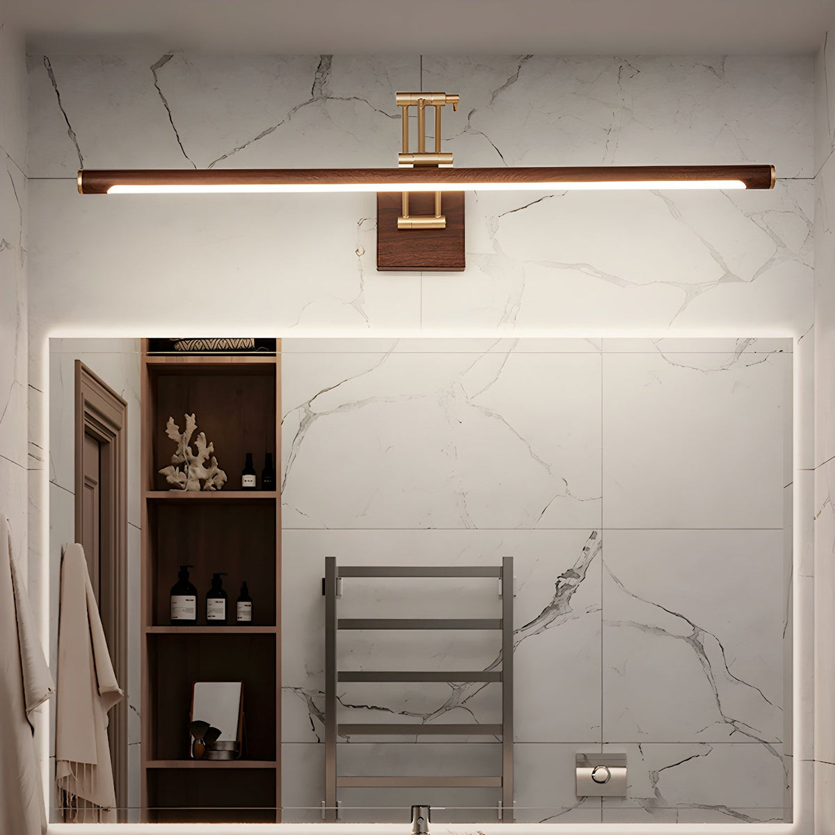 Walnut Linear Wall Sconce with Adjustable Brass Arm