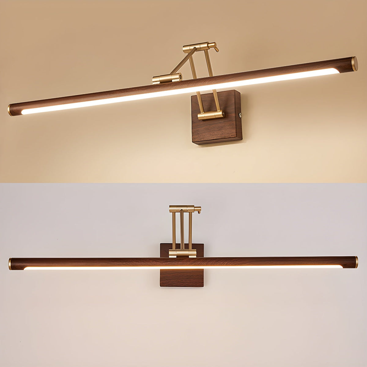 Walnut Linear Wall Sconce with Adjustable Brass Arm