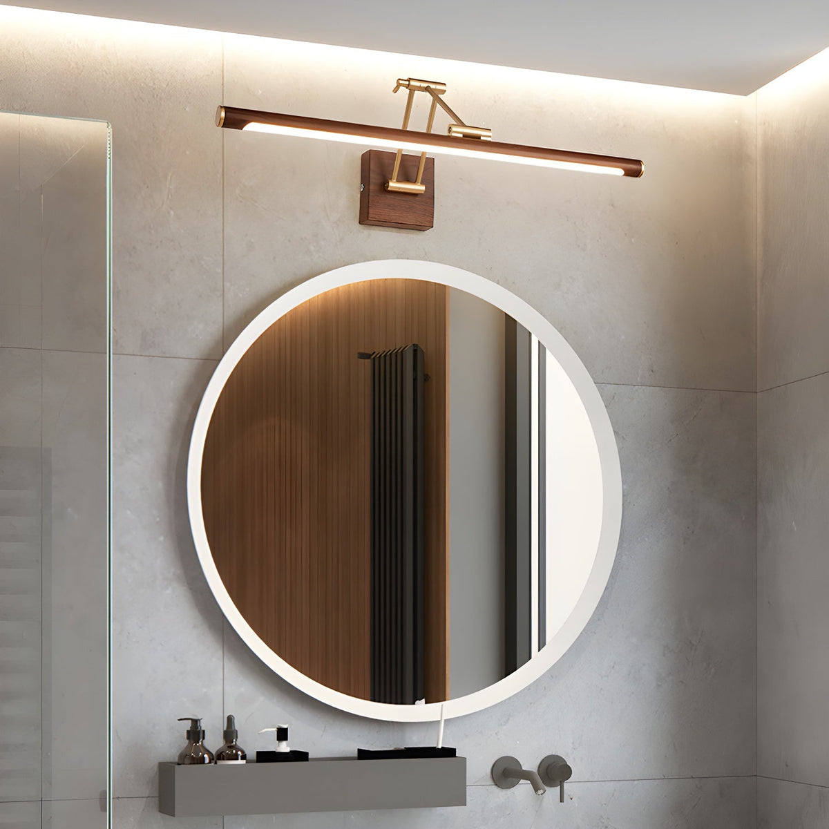 Walnut Linear Wall Sconce with Adjustable Brass Arm