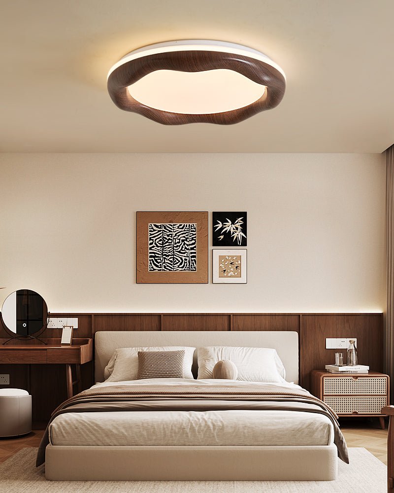 Wavora LED Ceiling Light in Walnut Wood Grain Finish, Modern Flush Mount for Living Room and Bedroom