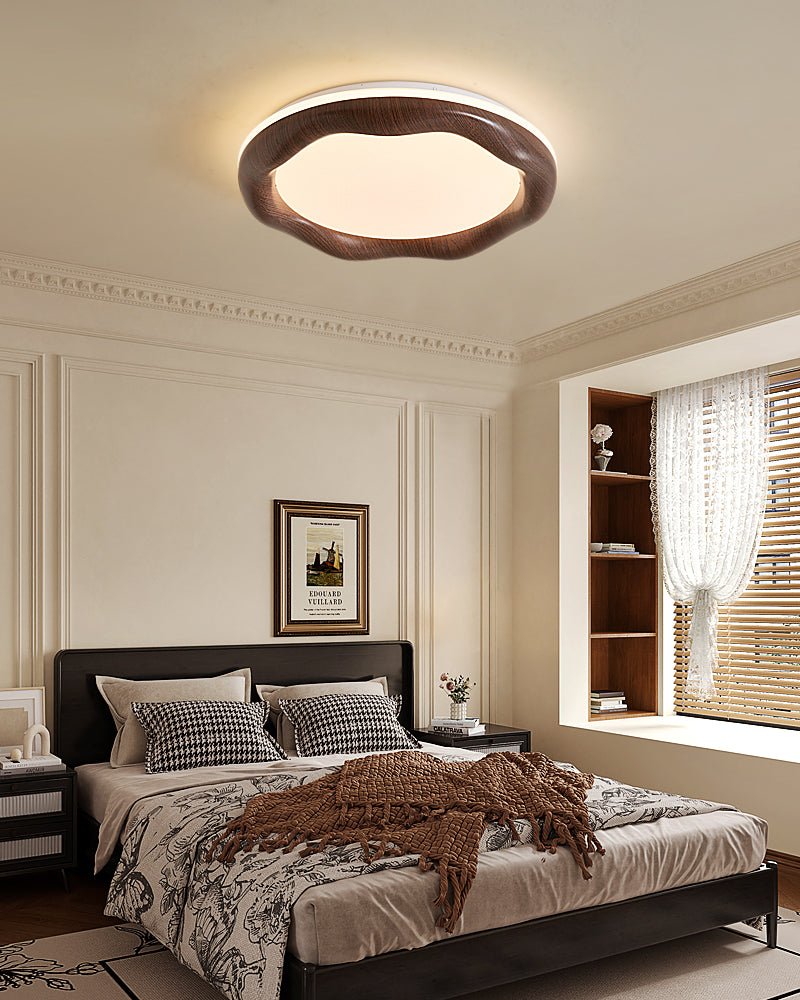 Wavora LED Ceiling Light in Walnut Wood Grain Finish, Modern Flush Mount for Living Room and Bedroom