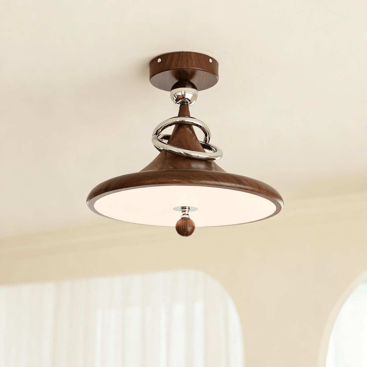 Whirl Ceiling Lamp – Modern Walnut & Chrome Flush Mount Light