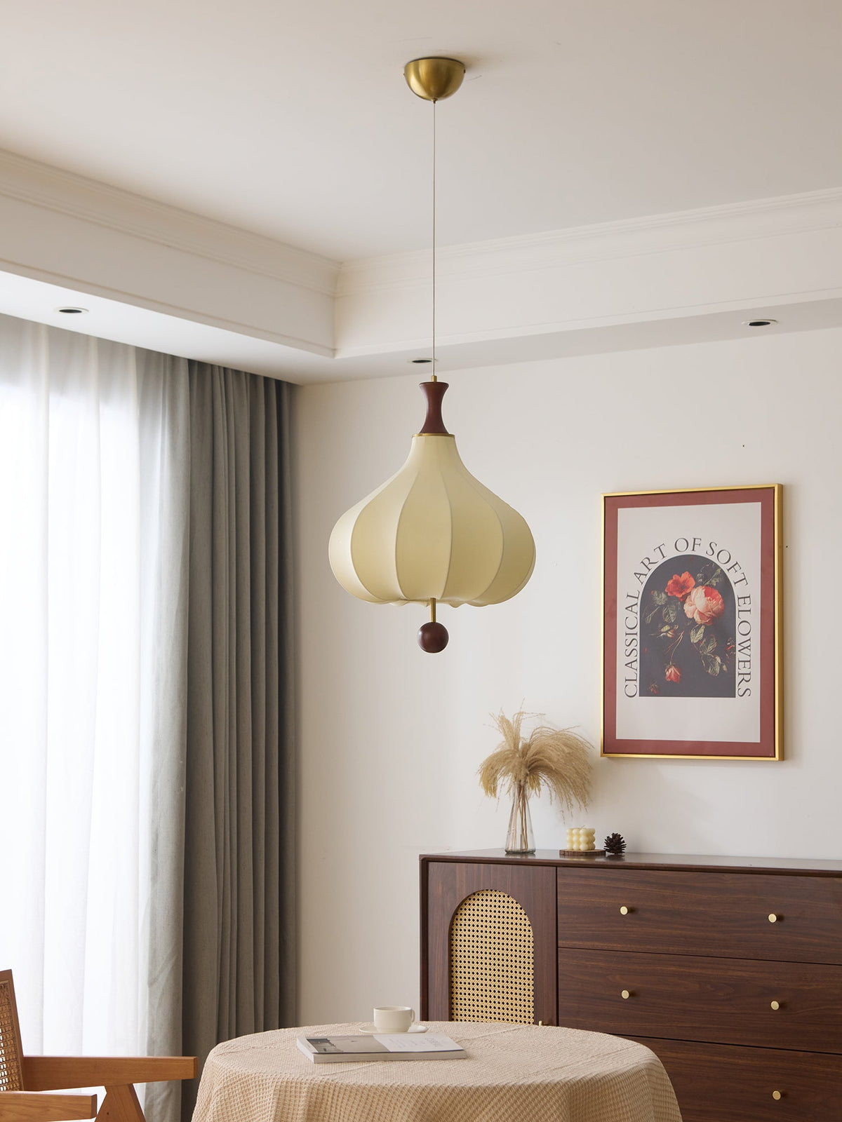 Whispering Grace Fabric Pendant Light with Walnut Wood Accents