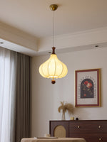 Whispering Grace Fabric Pendant Light with Walnut Wood Accents