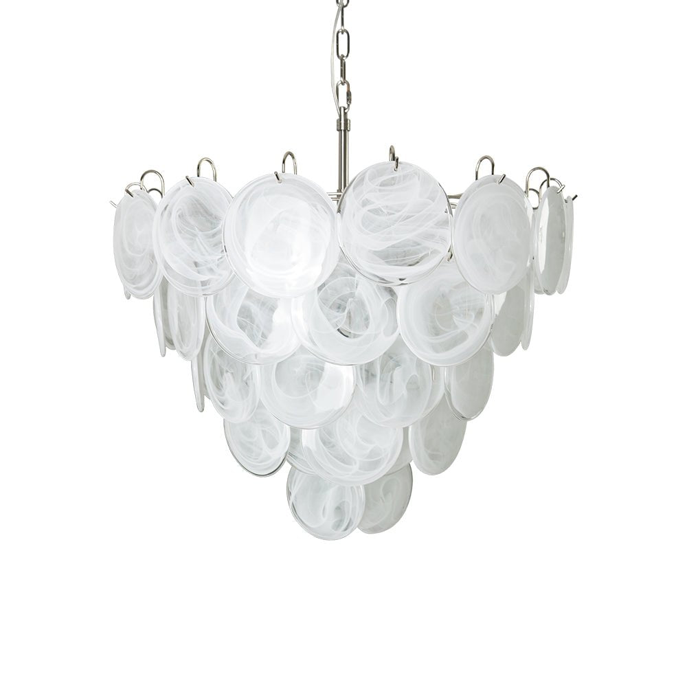 Lumina White Glass Disc Chandelier – Modern Designer Pendant Light for Dining Room and Living Room