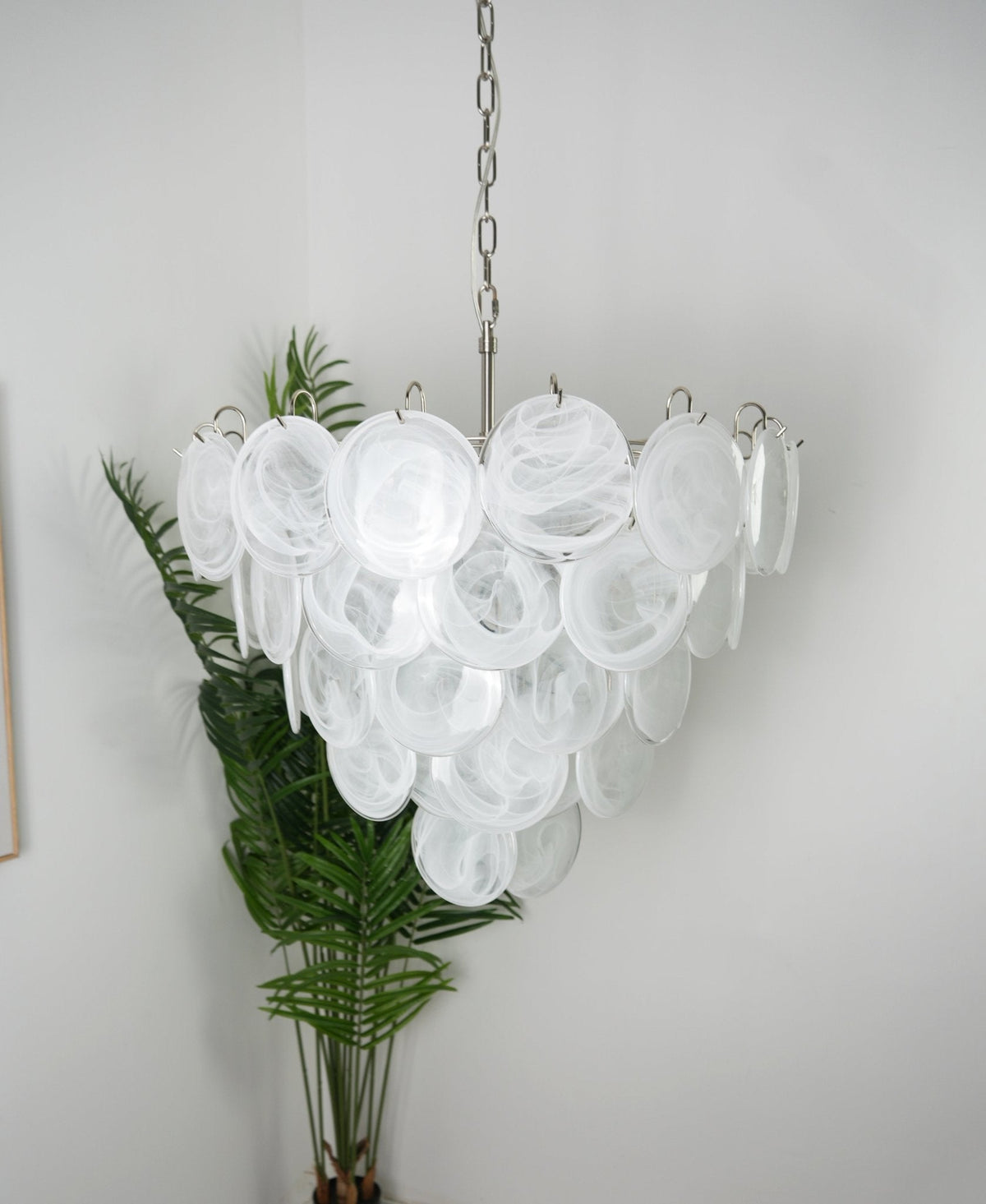 Lumina White Glass Disc Chandelier – Modern Designer Pendant Light for Dining Room and Living Room
