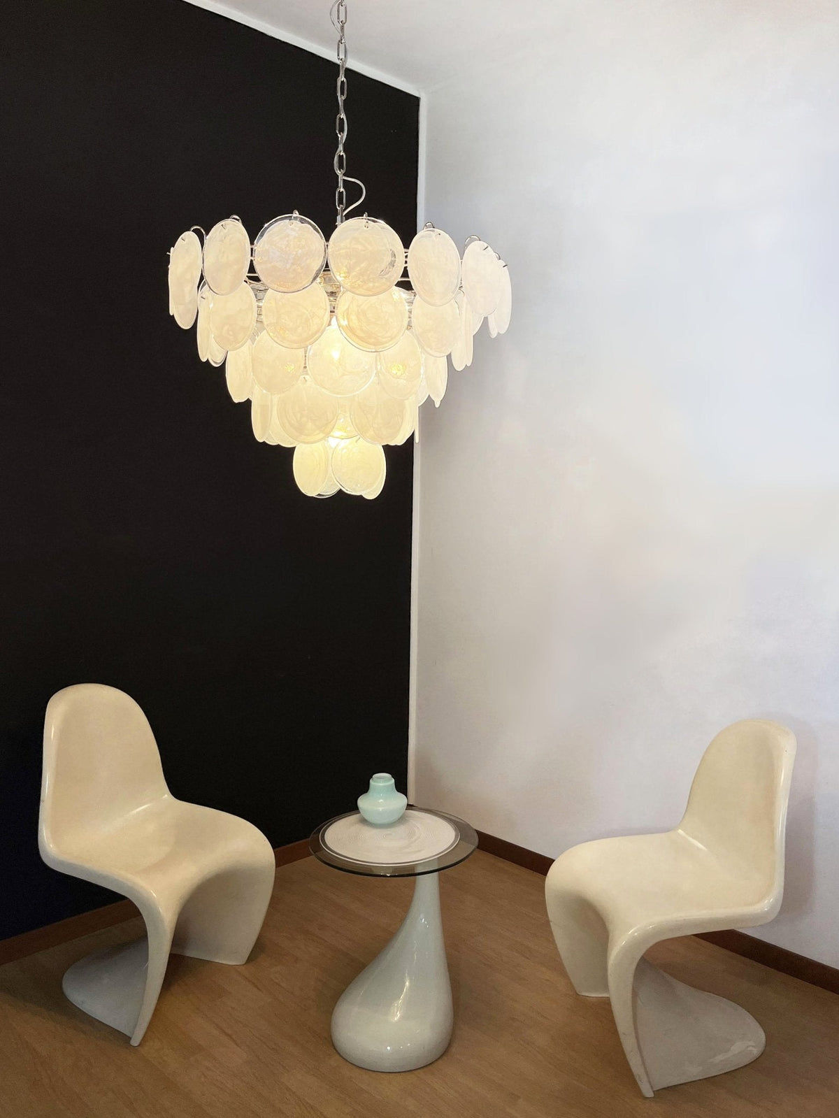 Lumina White Glass Disc Chandelier – Modern Designer Pendant Light for Dining Room and Living Room