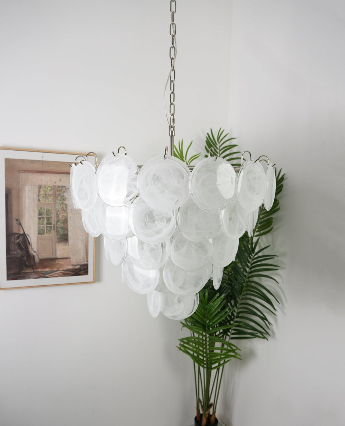 Lumina White Glass Disc Chandelier – Modern Designer Pendant Light for Dining Room and Living Room