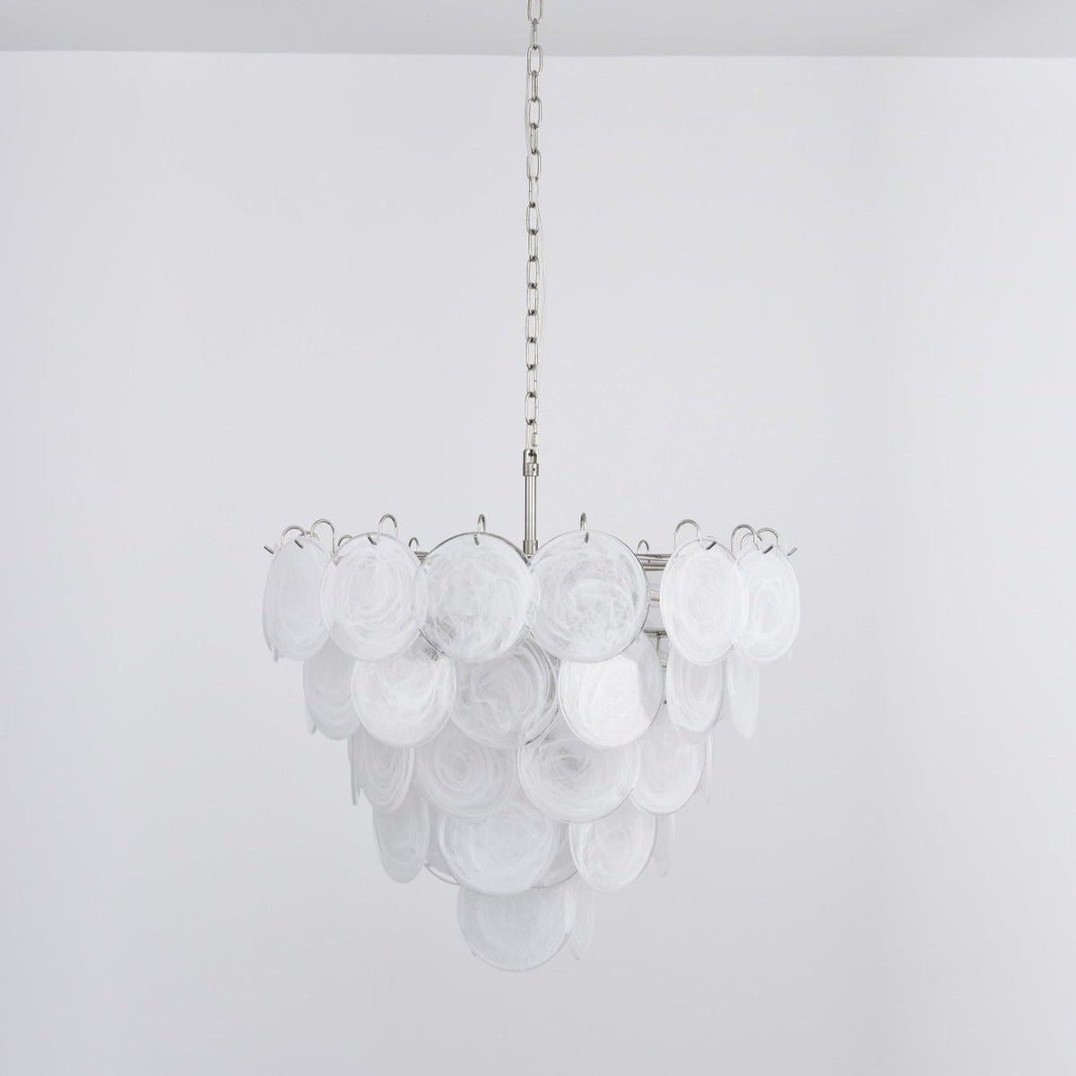 Lumina White Glass Disc Chandelier – Modern Designer Pendant Light for Dining Room and Living Room