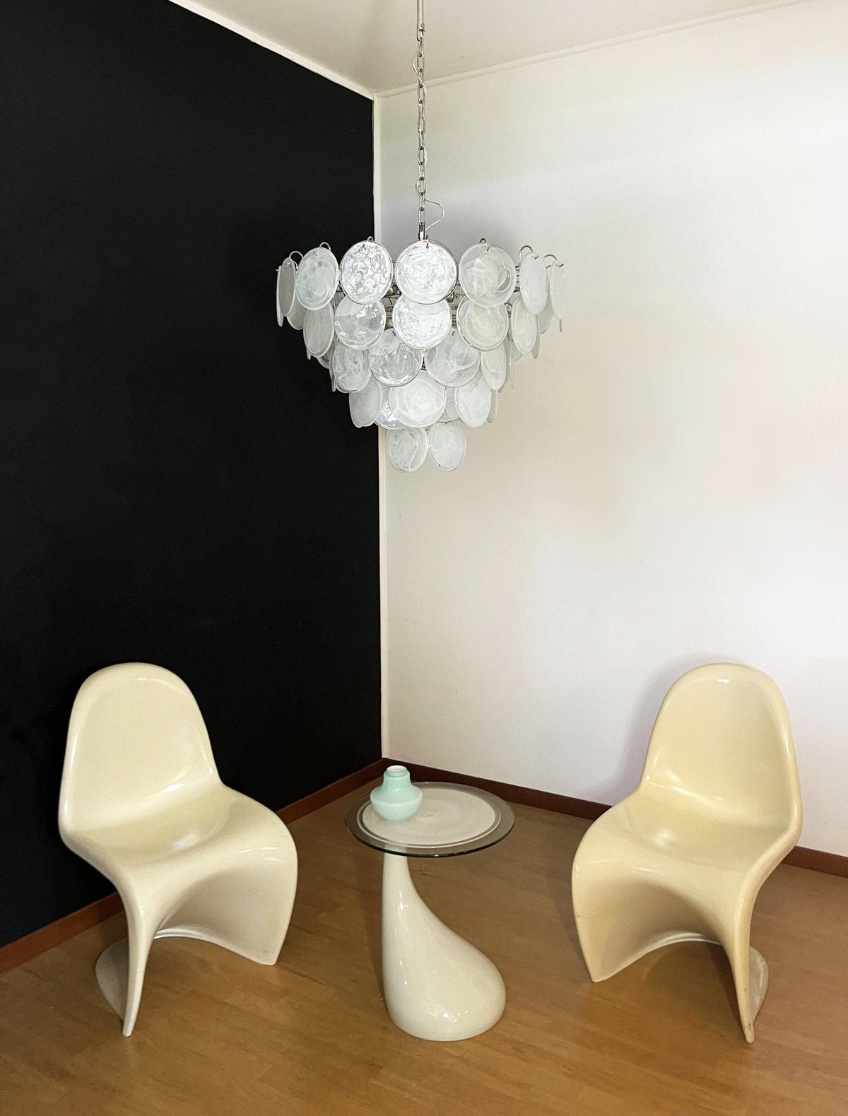 Lumina White Glass Disc Chandelier – Modern Designer Pendant Light for Dining Room and Living Room