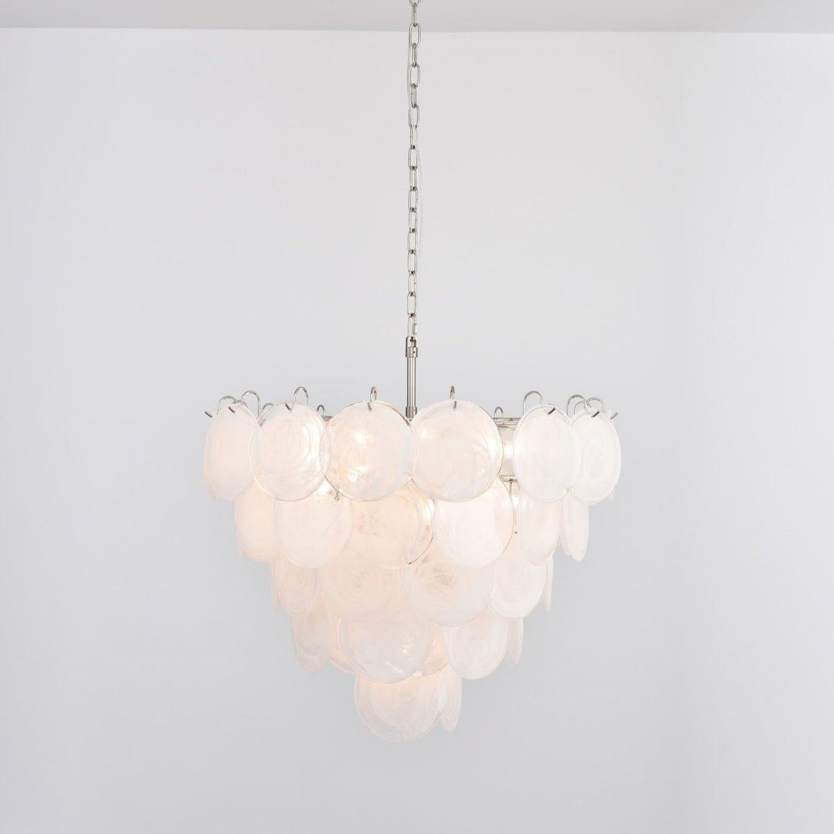 Lumina White Glass Disc Chandelier – Modern Designer Pendant Light for Dining Room and Living Room