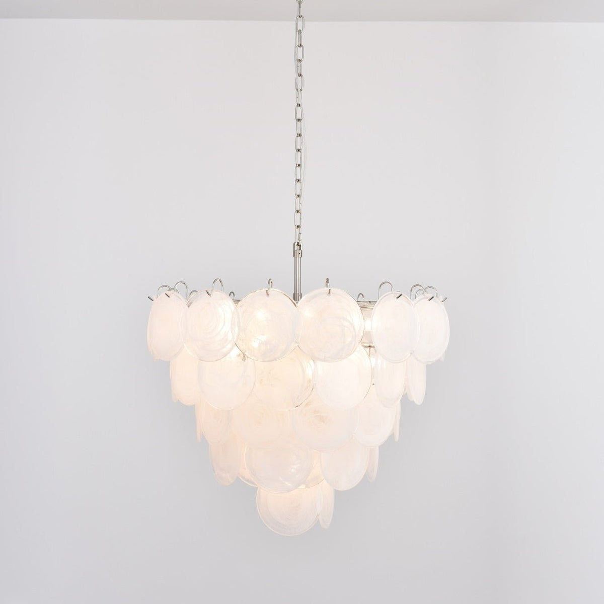 Lumina White Glass Disc Chandelier – Modern Designer Pendant Light for Dining Room and Living Room
