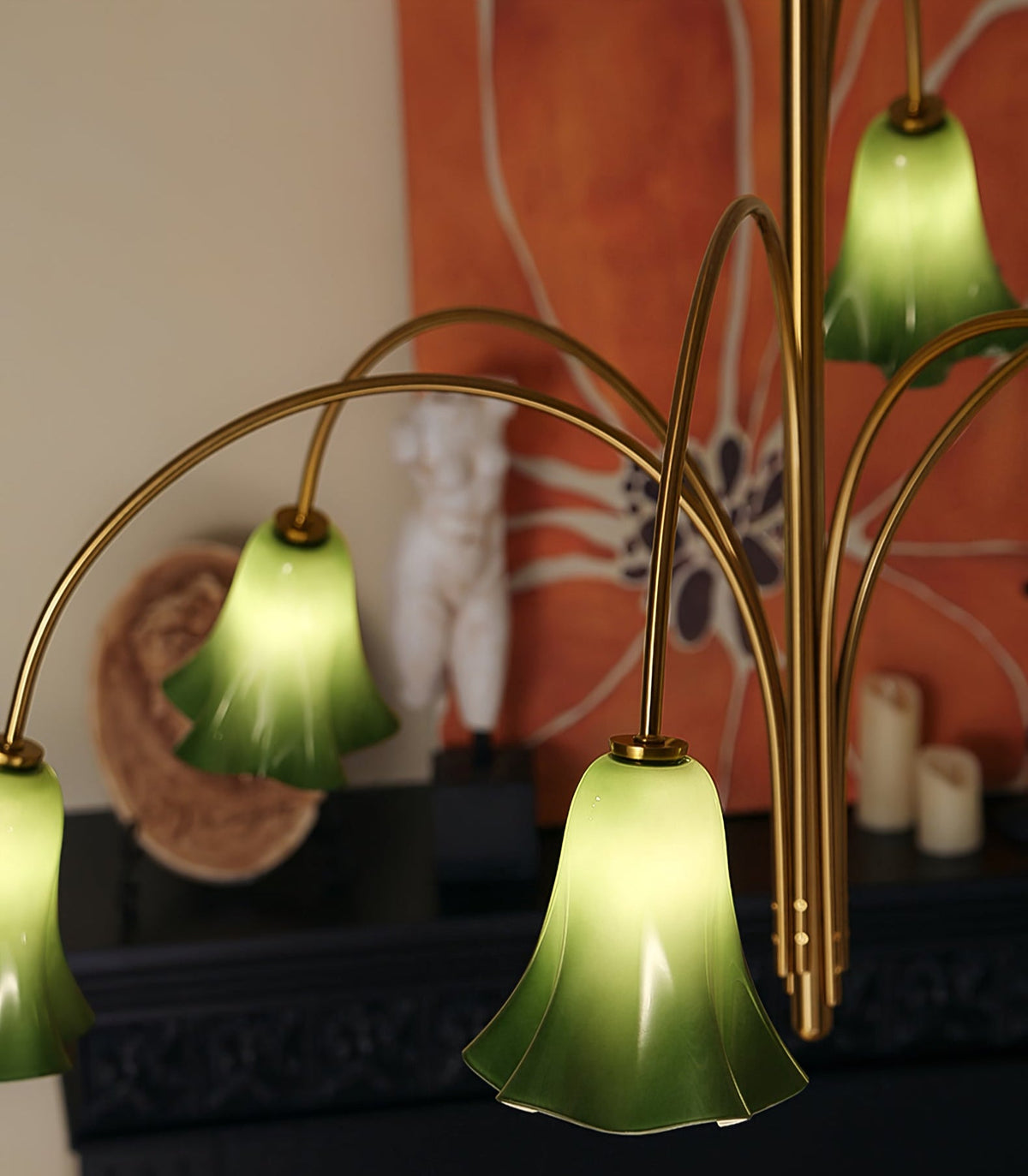 Willow Belle Six-Light Brass and Green Glass Chandelier for Dining and Living Rooms