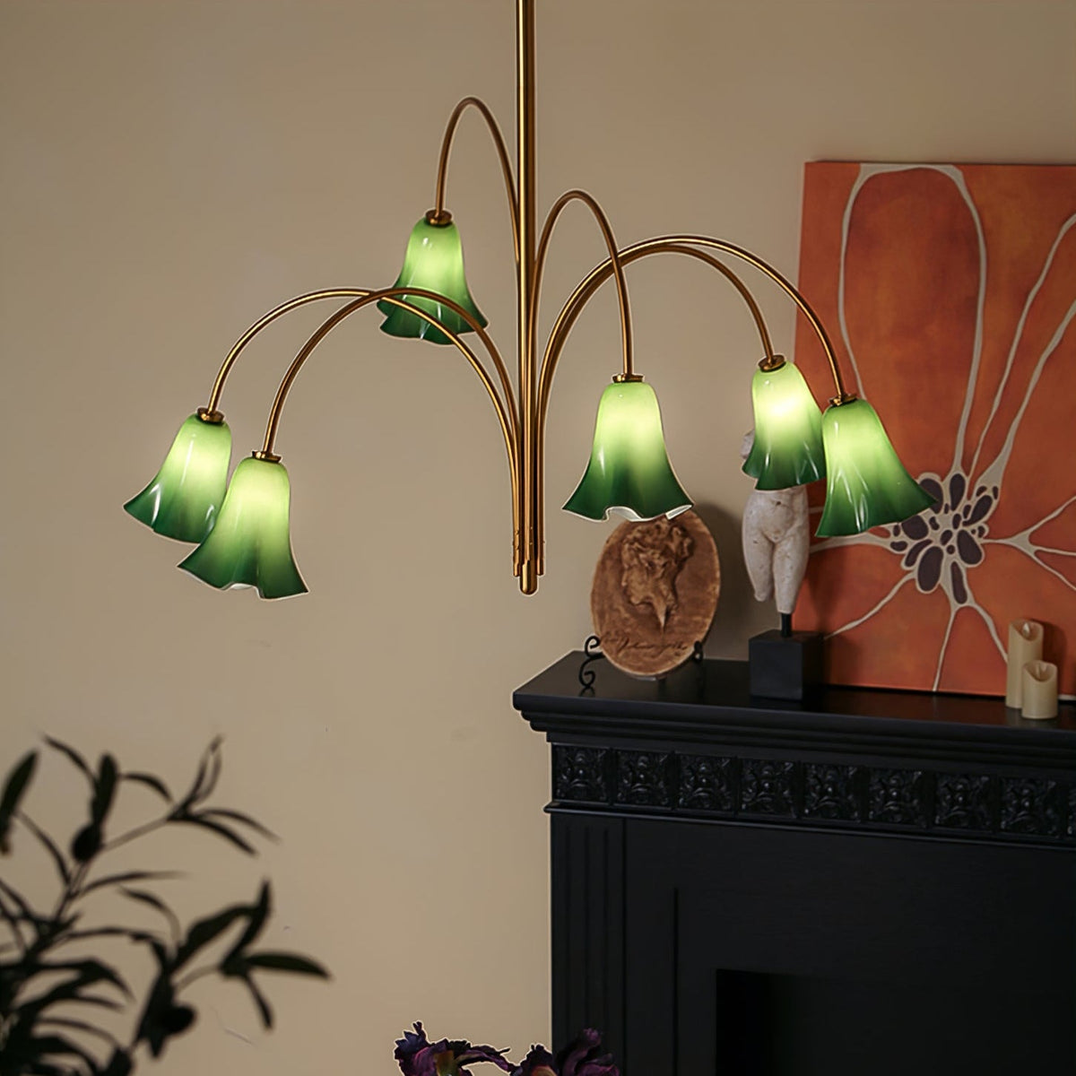 Willow Belle Six-Light Brass and Green Glass Chandelier for Dining and Living Rooms