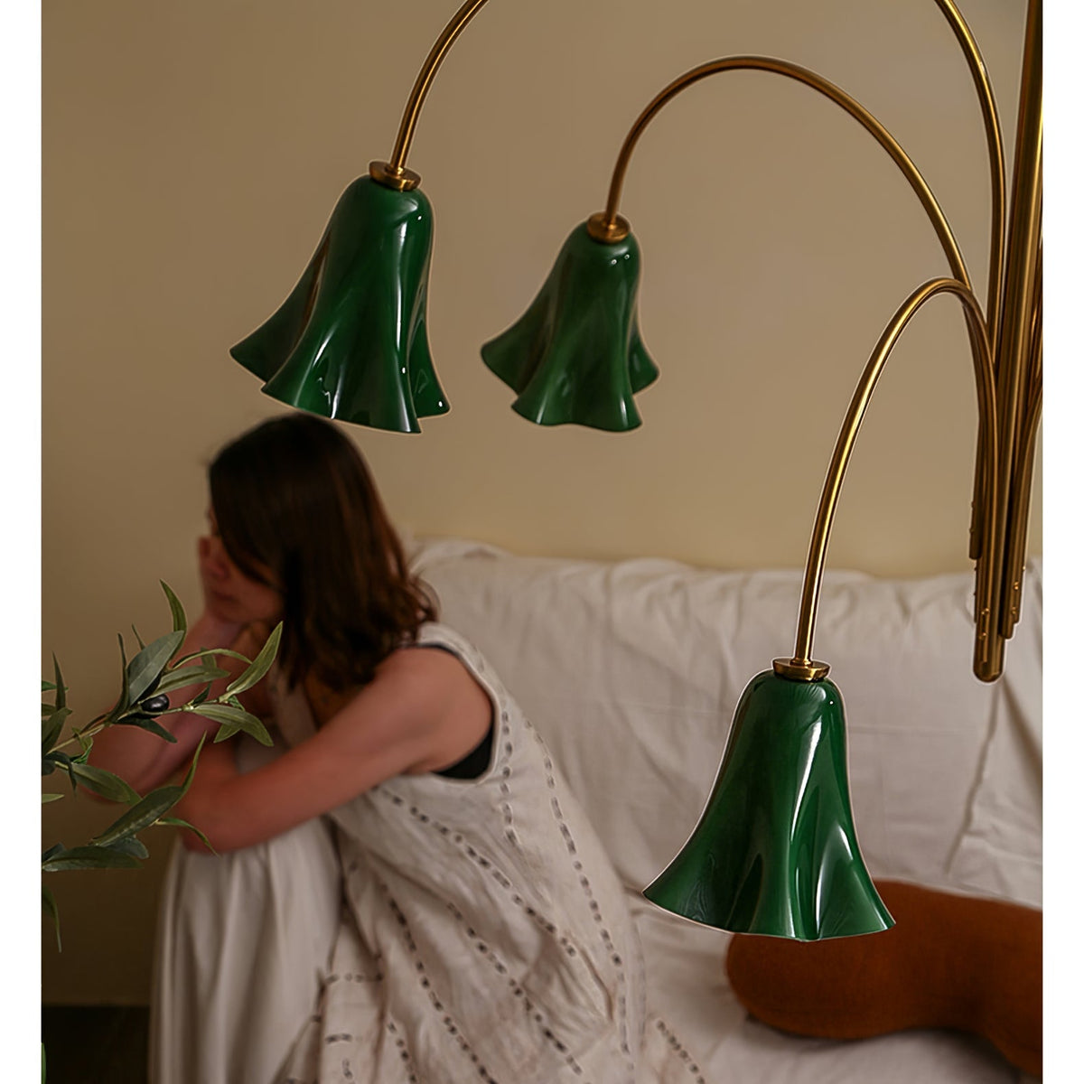 Willow Belle Six-Light Brass and Green Glass Chandelier for Dining and Living Rooms