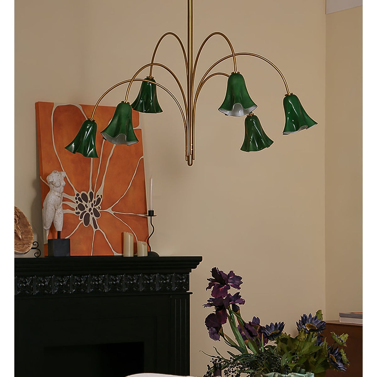 Willow Belle Six-Light Brass and Green Glass Chandelier for Dining and Living Rooms