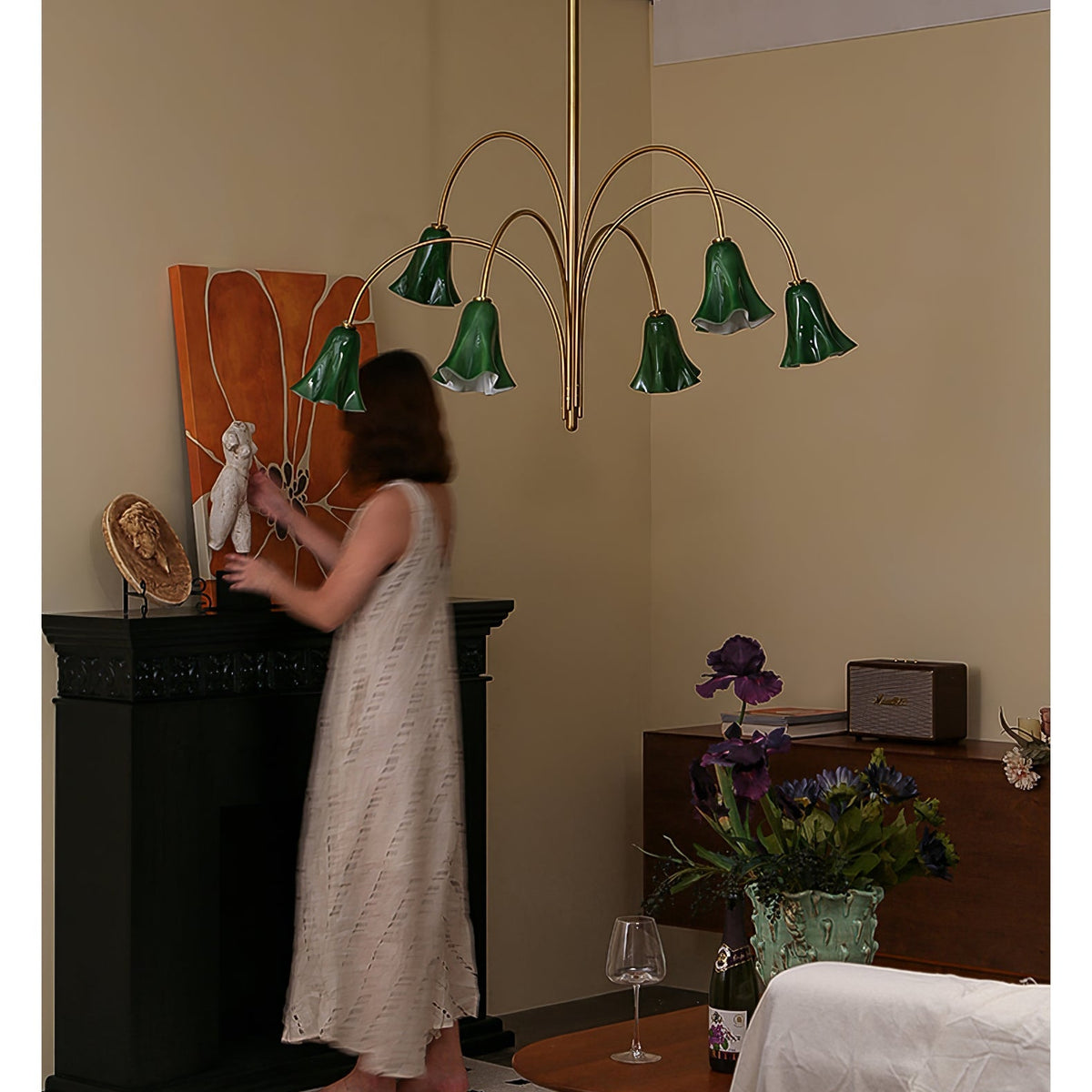 Willow Belle Six-Light Brass and Green Glass Chandelier for Dining and Living Rooms