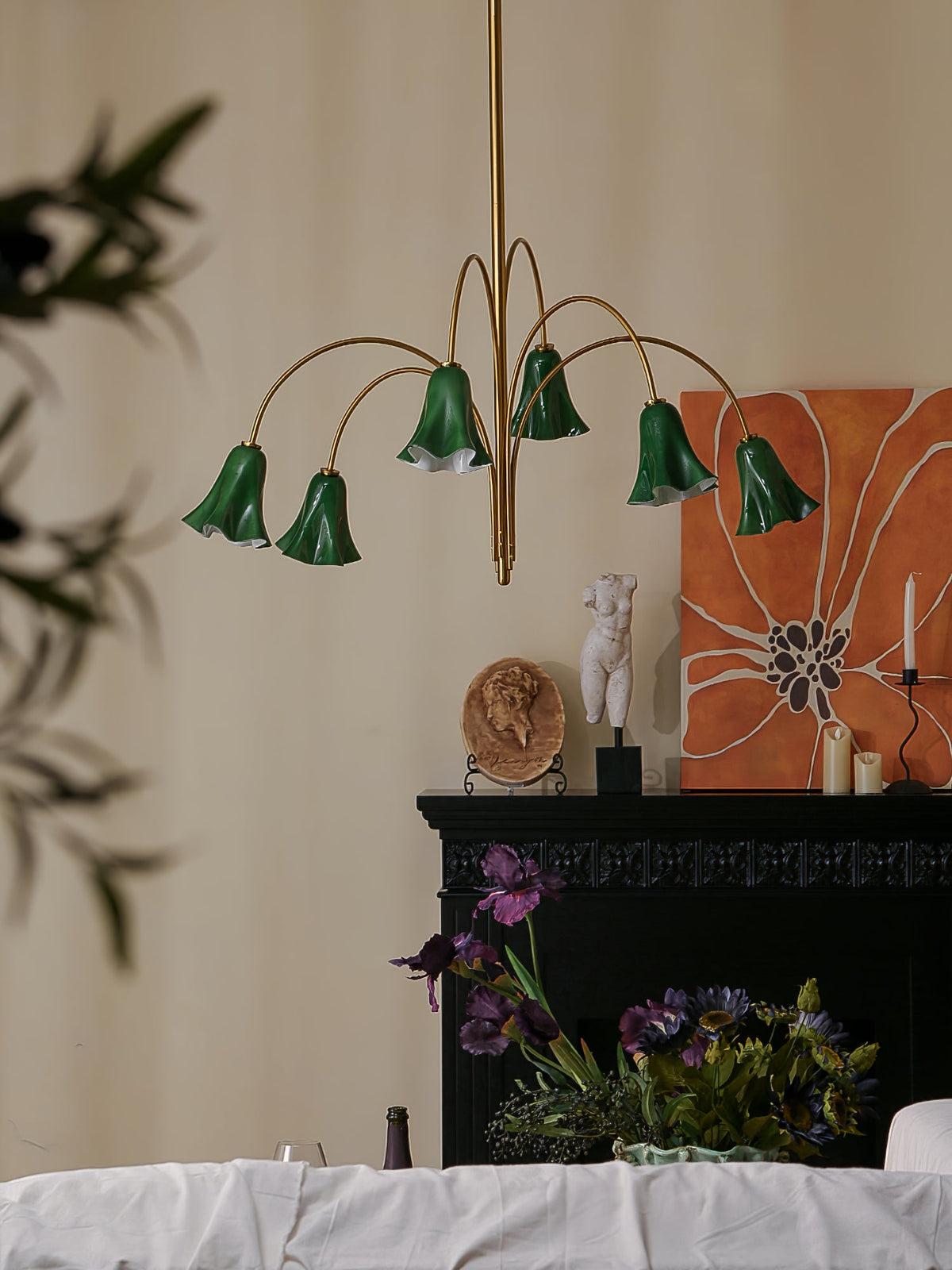 Willow Belle Six-Light Brass and Green Glass Chandelier for Dining and Living Rooms