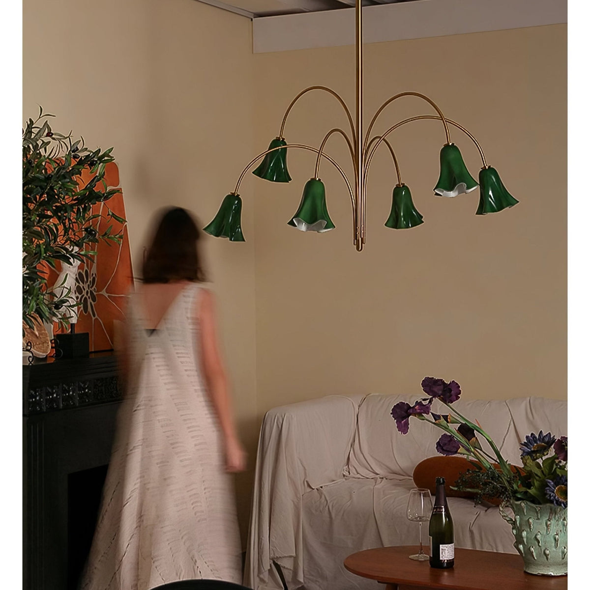 Willow Belle Six-Light Brass and Green Glass Chandelier for Dining and Living Rooms