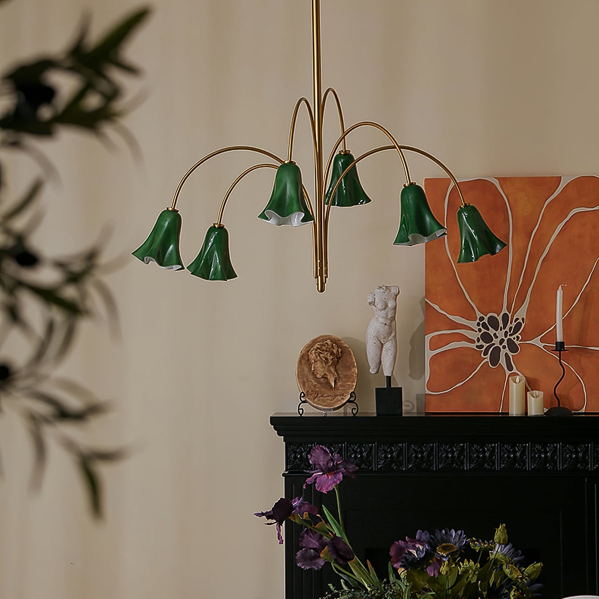 Willow Belle Six-Light Brass and Green Glass Chandelier for Dining and Living Rooms