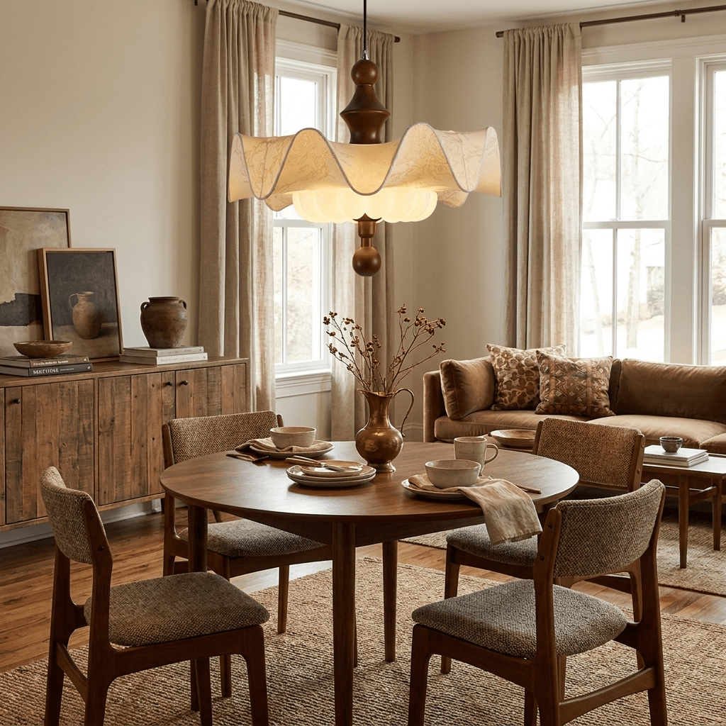 Willow Whisper Scalloped Pendant Light with Wood Accents