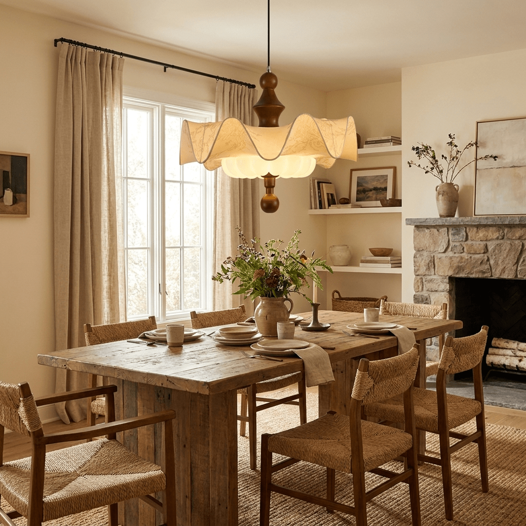 Willow Whisper Scalloped Pendant Light with Wood Accents