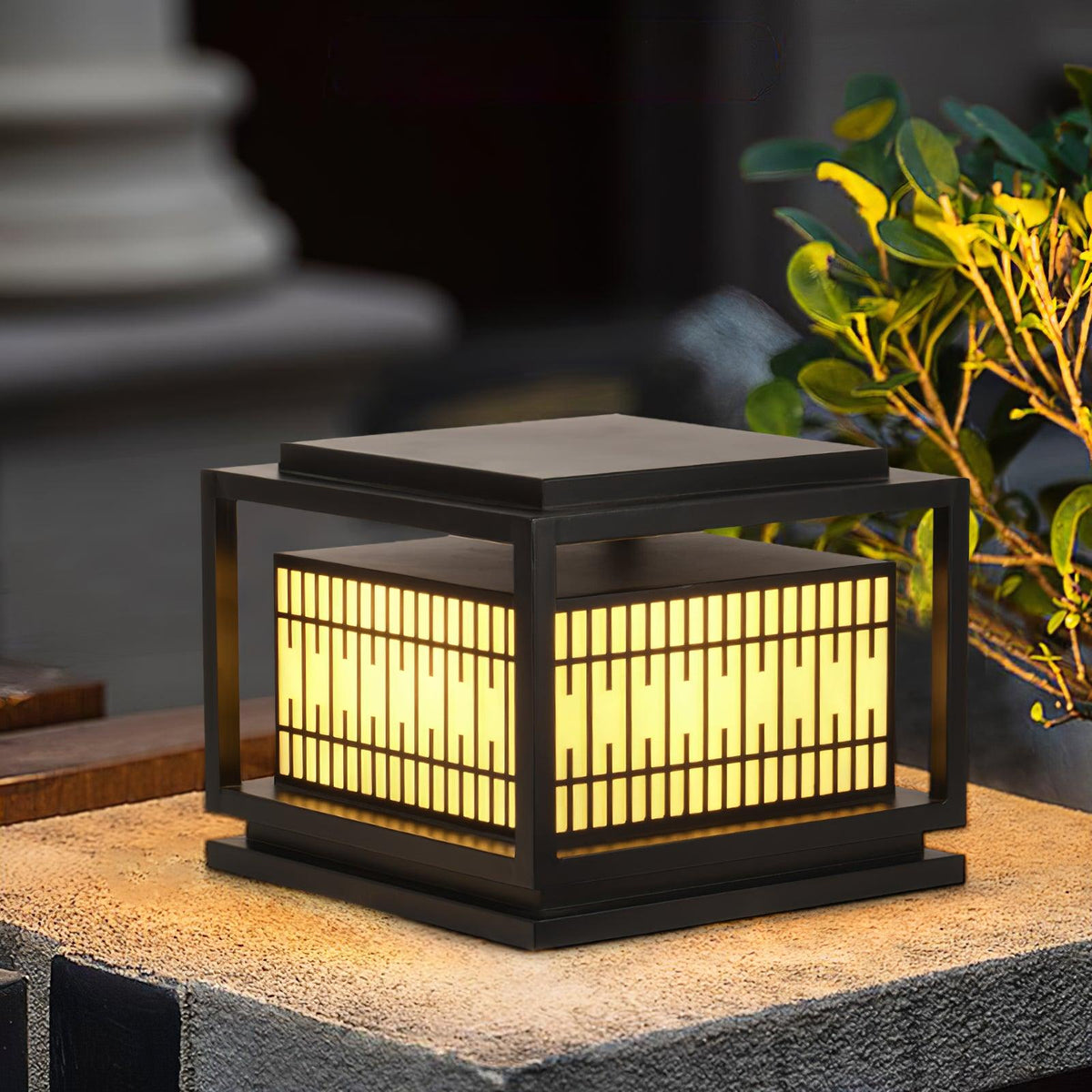 Window Grille Outdoor Post Light in Black & White with Alabaster Panels