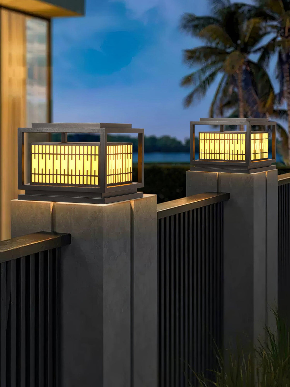 Window Grille Outdoor Post Light in Black & White with Alabaster Panels