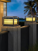 Window Grille Outdoor Post Light in Black & White with Alabaster Panels