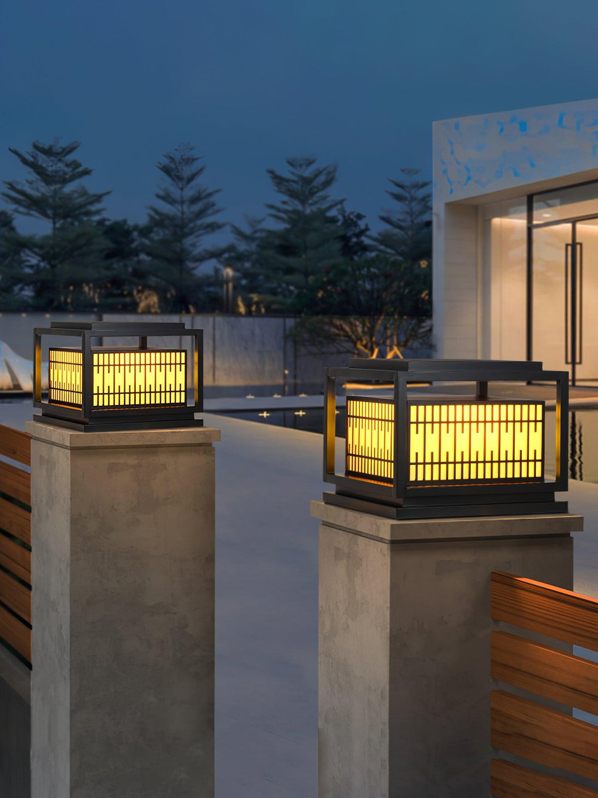Window Grille Outdoor Post Light in Black & White with Alabaster Panels